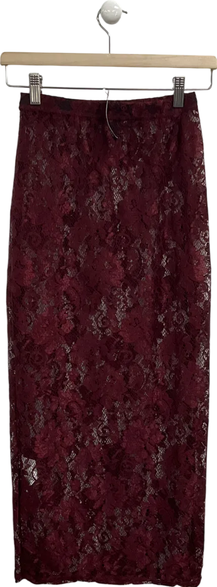 PrettyLittleThing Red Burgundy Lace Floral Maxi Skirt UK 6