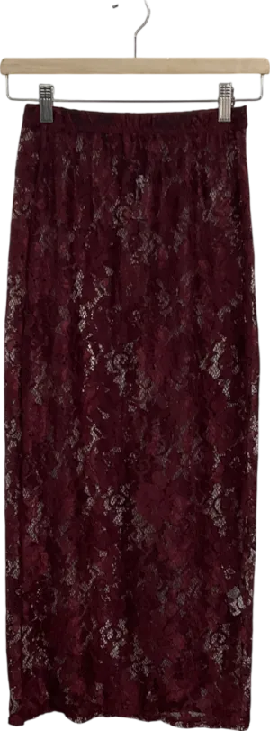PrettyLittleThing Red Burgundy Lace Floral Maxi Skirt UK 6