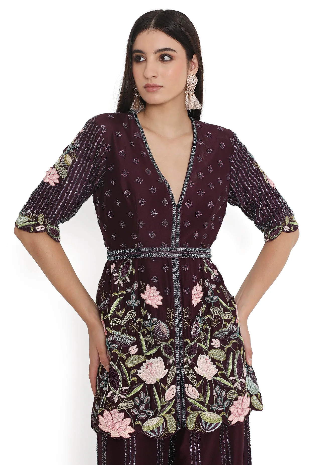 Purple Embroidered Kurta With Palazzo And Embroidered Belt With Embroidered Dupatta - Ready To Ship