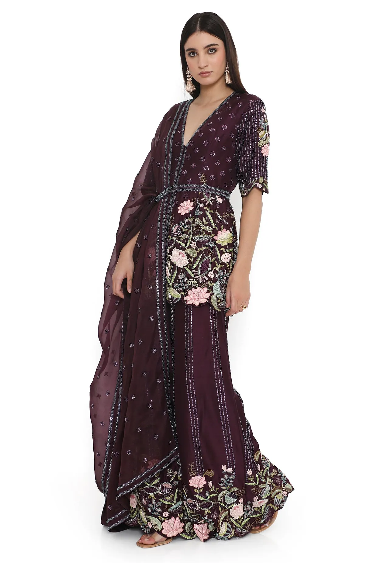 Purple Embroidered Kurta With Palazzo And Embroidered Belt With Embroidered Dupatta - Ready To Ship