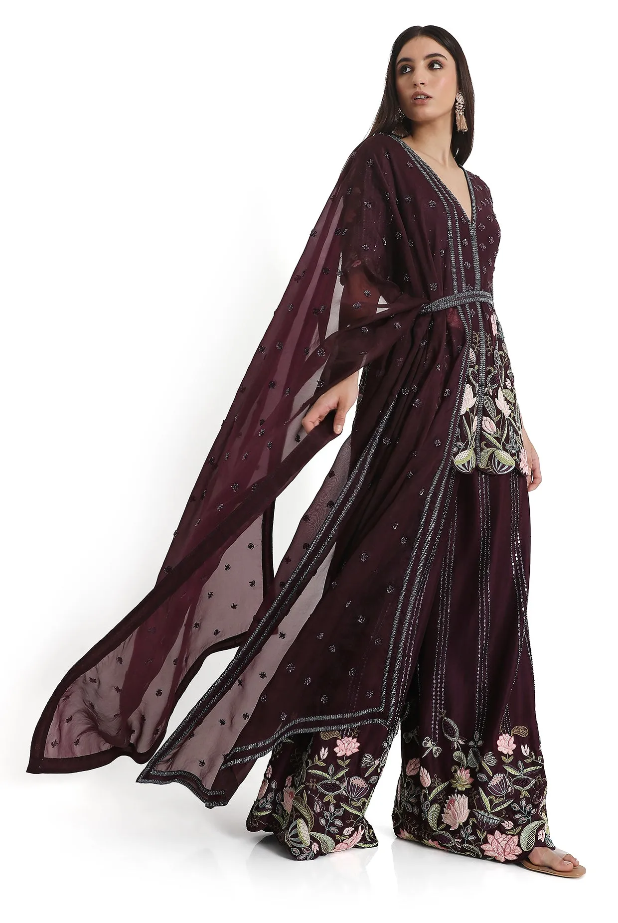 Purple Embroidered Kurta With Palazzo And Embroidered Belt With Embroidered Dupatta - Ready To Ship