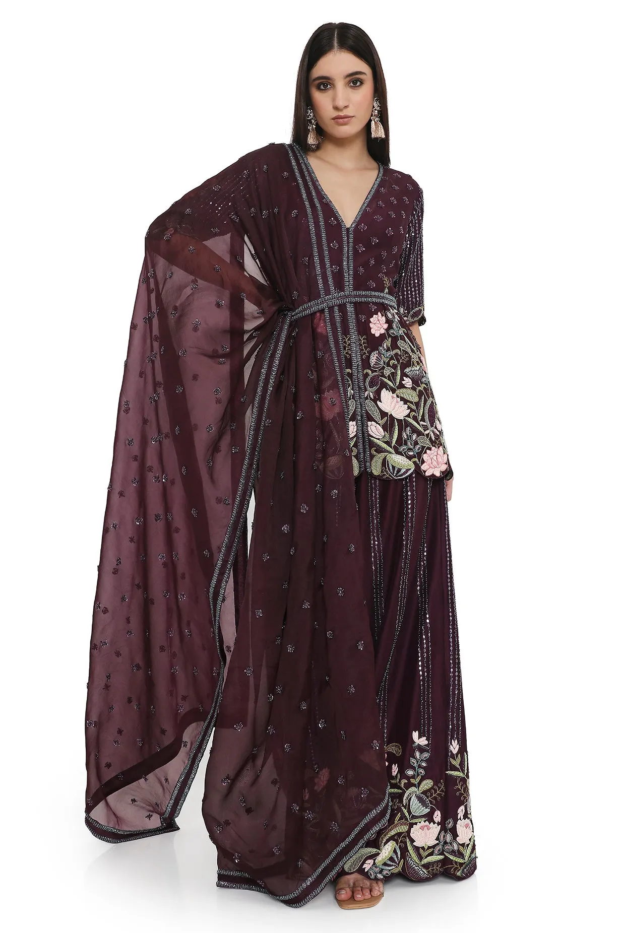 Purple Embroidered Kurta With Palazzo And Embroidered Belt With Embroidered Dupatta - Ready To Ship