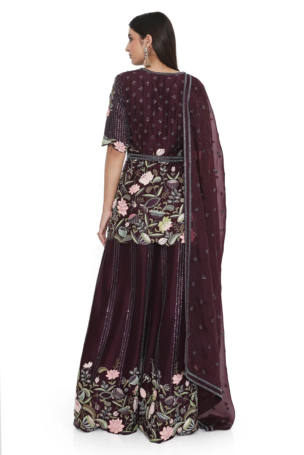 Purple Embroidered Kurta With Palazzo And Embroidered Belt With Embroidered Dupatta - Ready To Ship