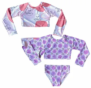 Quincy Reversible UPF50  Long Sleeve Bikini Dusty Purple Daisies