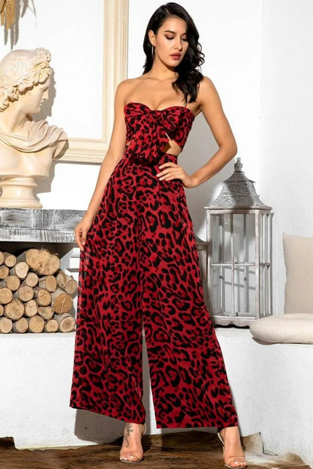 Red Leopard Print Strapless Two Piece Pants Set