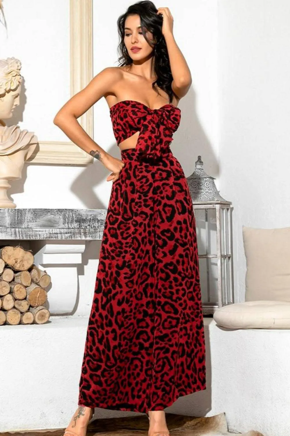 Red Leopard Print Strapless Two Piece Pants Set