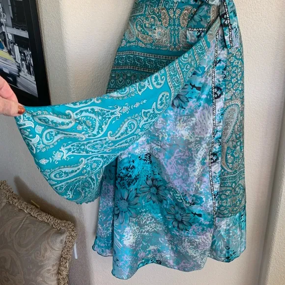 REVERSIBLE Silk wrap skirt, turquoise/white prints, from recycled saris OSFM EUC