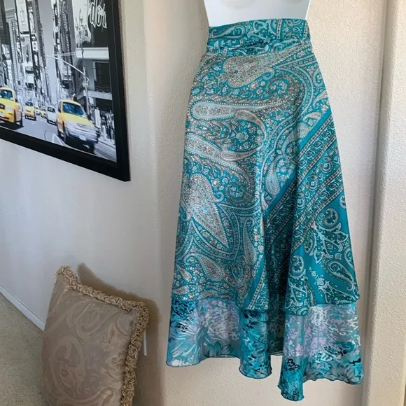 REVERSIBLE Silk wrap skirt, turquoise/white prints, from recycled saris OSFM EUC
