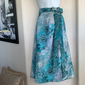 REVERSIBLE Silk wrap skirt, turquoise/white prints, from recycled saris OSFM EUC