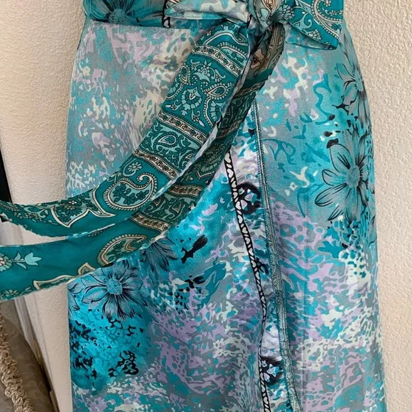 REVERSIBLE Silk wrap skirt, turquoise/white prints, from recycled saris OSFM EUC