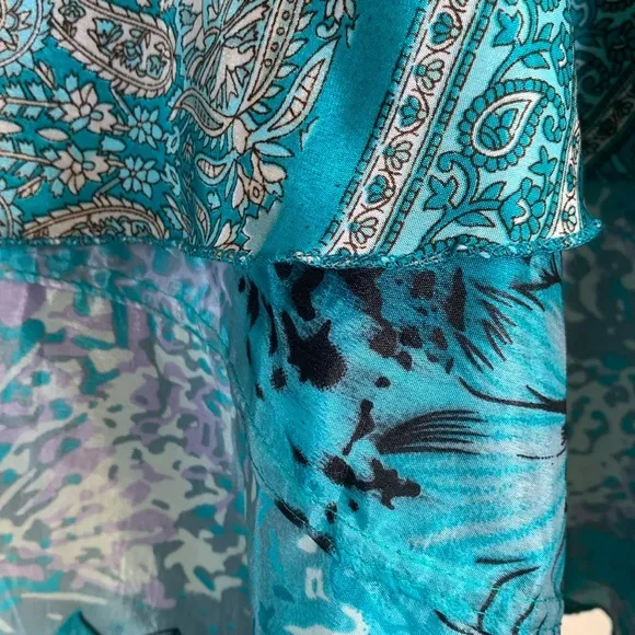REVERSIBLE Silk wrap skirt, turquoise/white prints, from recycled saris OSFM EUC