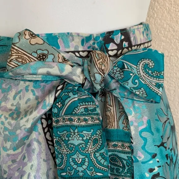 REVERSIBLE Silk wrap skirt, turquoise/white prints, from recycled saris OSFM EUC