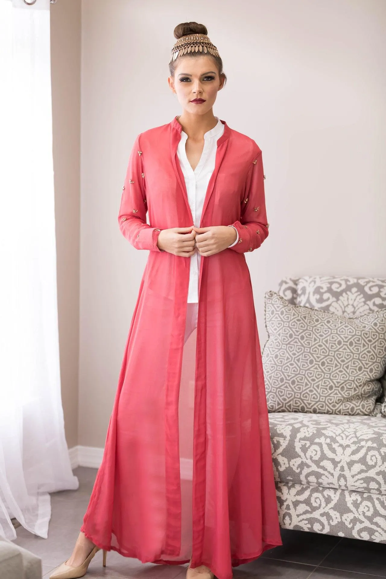 ROSE PINK BEAD MAXI CARDIGAN