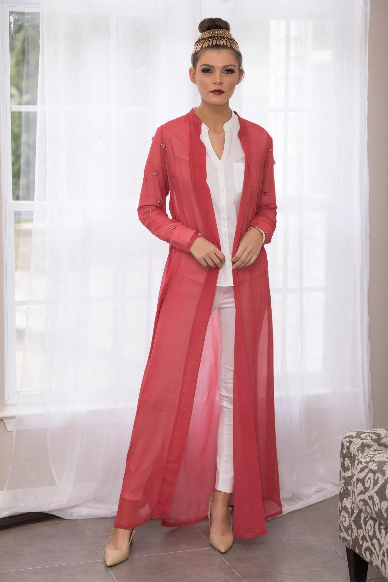 ROSE PINK BEAD MAXI CARDIGAN