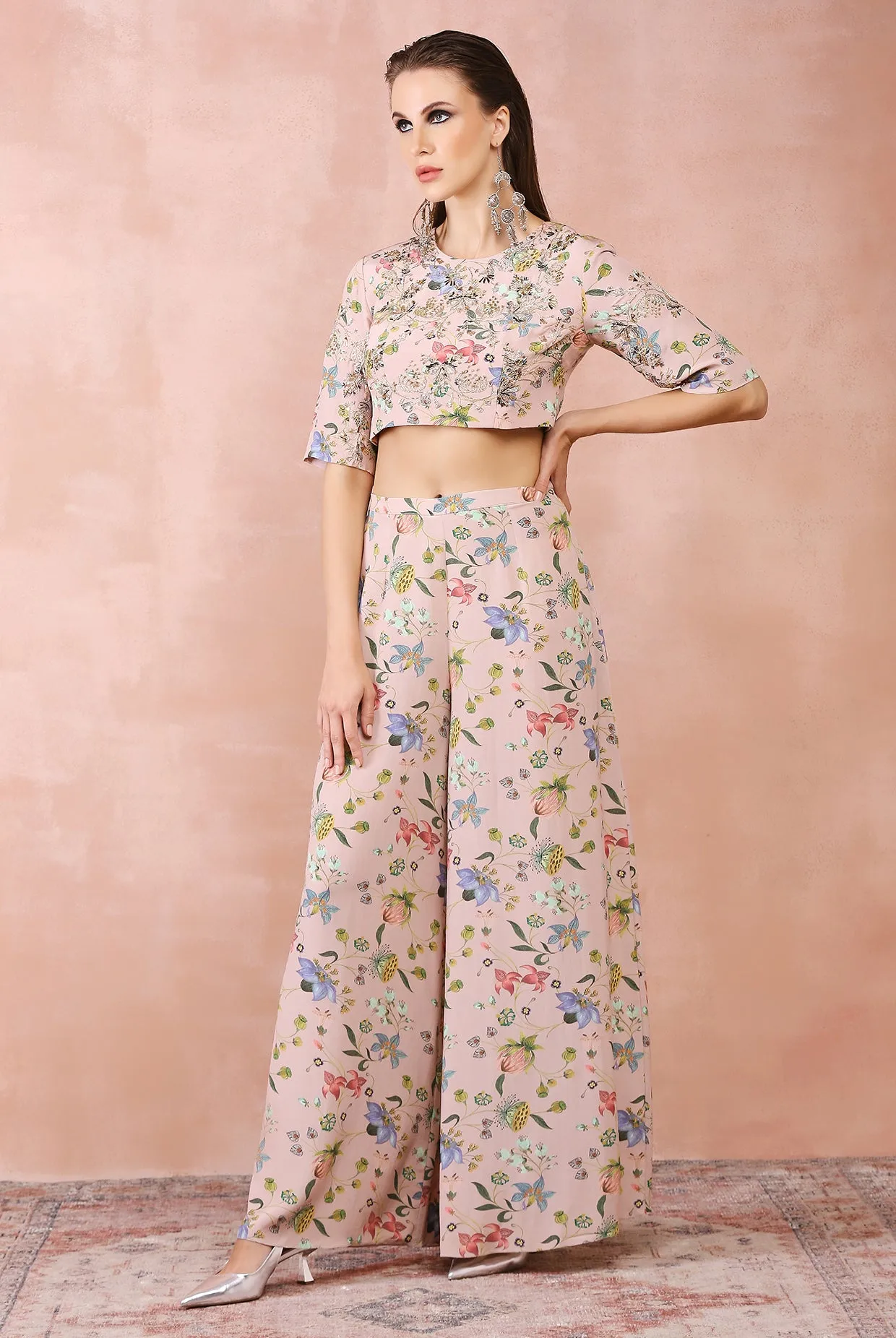 ROSE PINK NARGIS PRINT EMBROIDERED TOP WITH PALAZZO