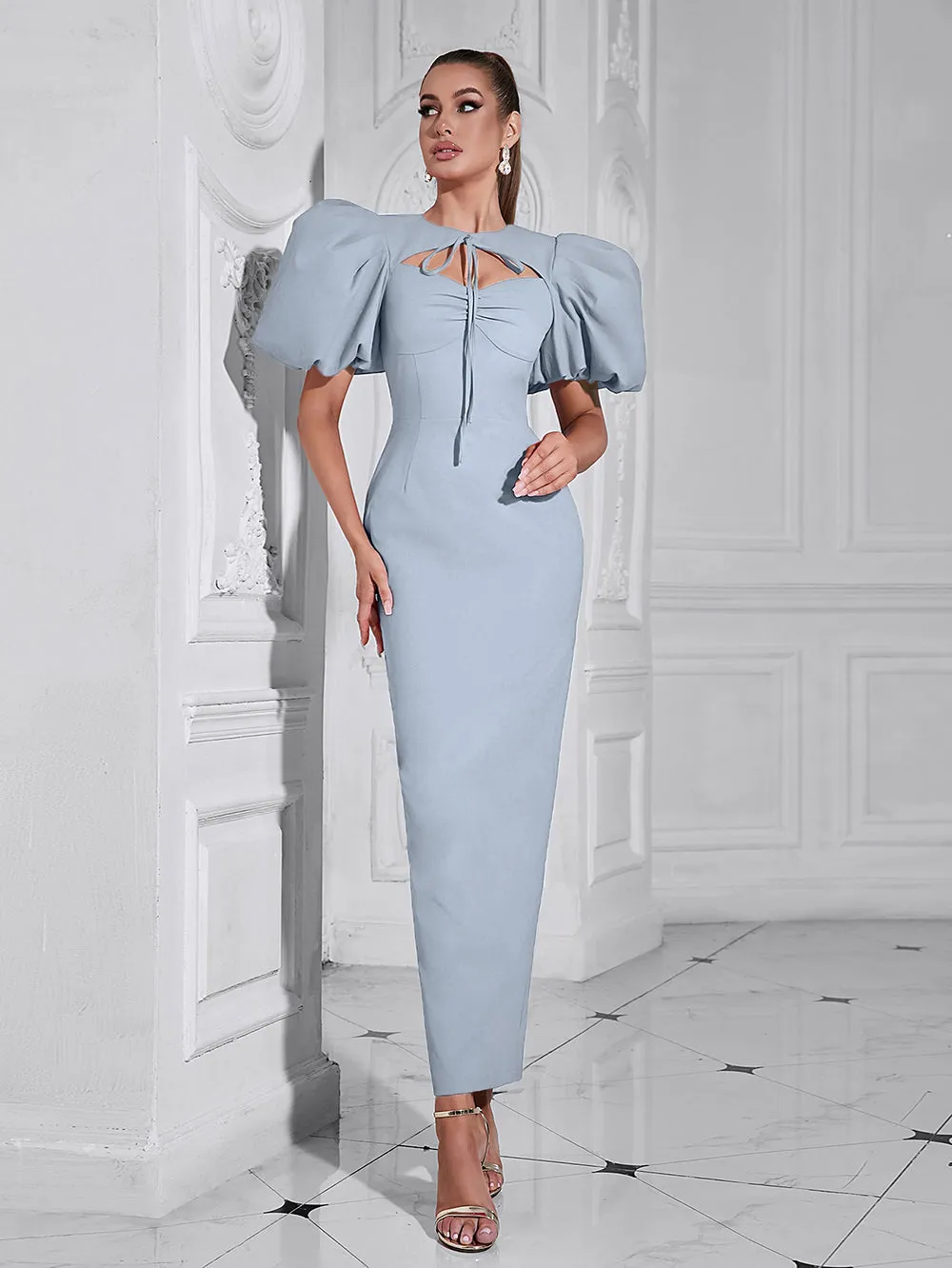 Round Neck Puff Sleeve Maxi Bodycon Dress HB10206