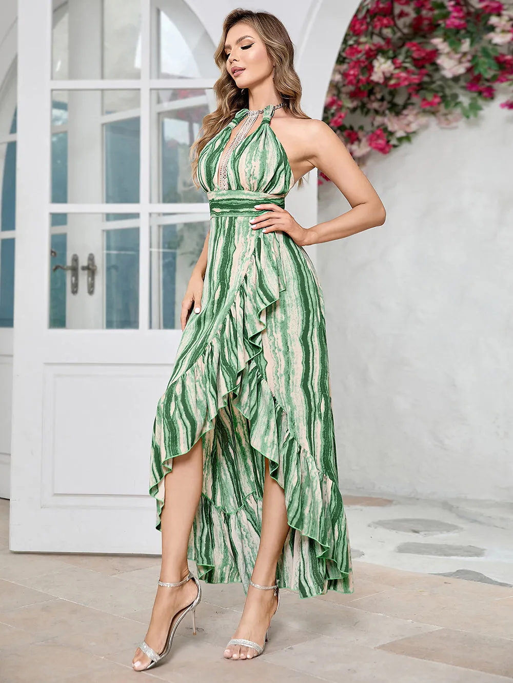 Round Neck Sleeveless Flounced Maxi Bodycon Dress HB10162