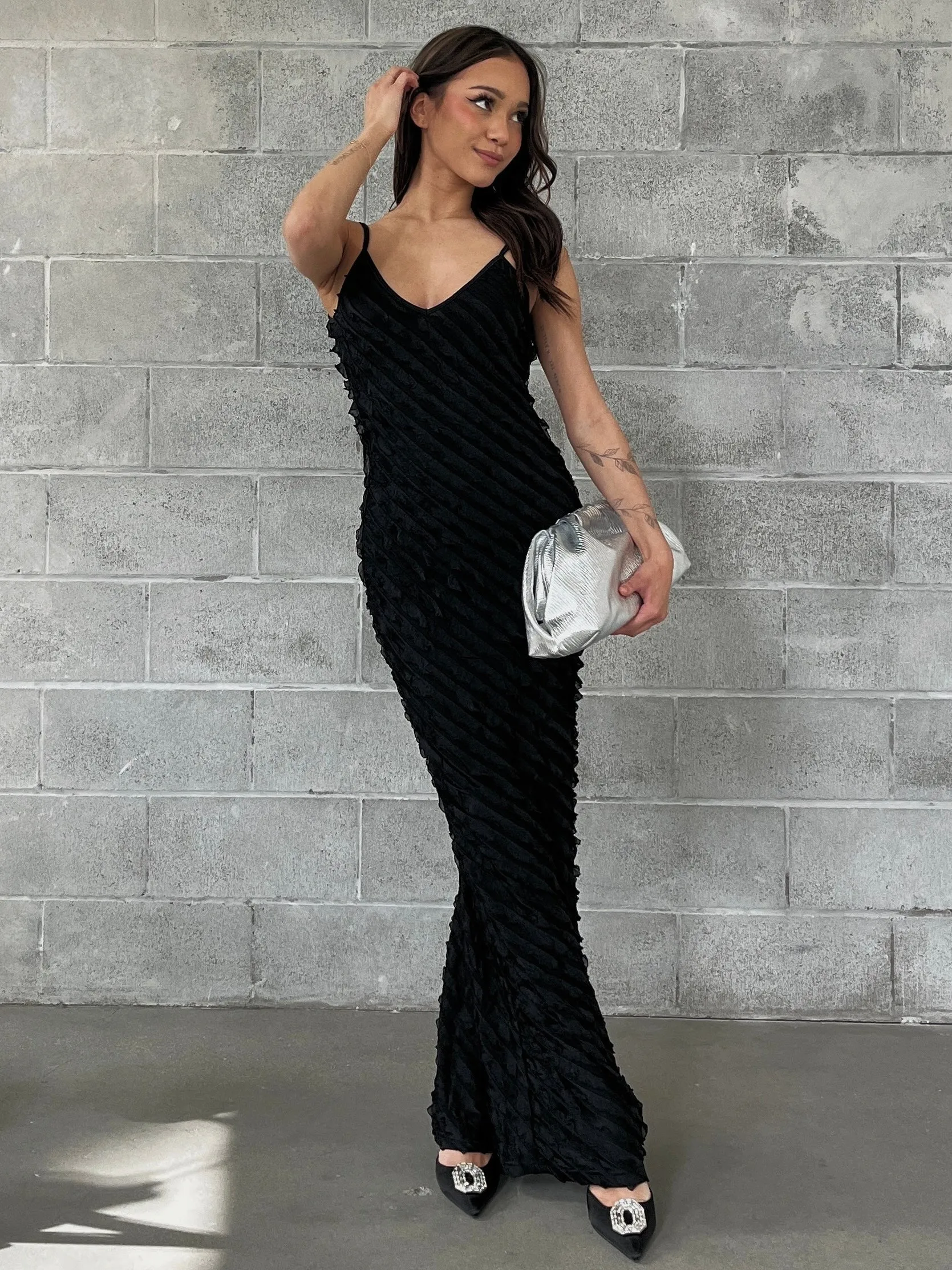 RUNAWAY THE LABEL Opaline Ruffle Low Back Maxi Dress