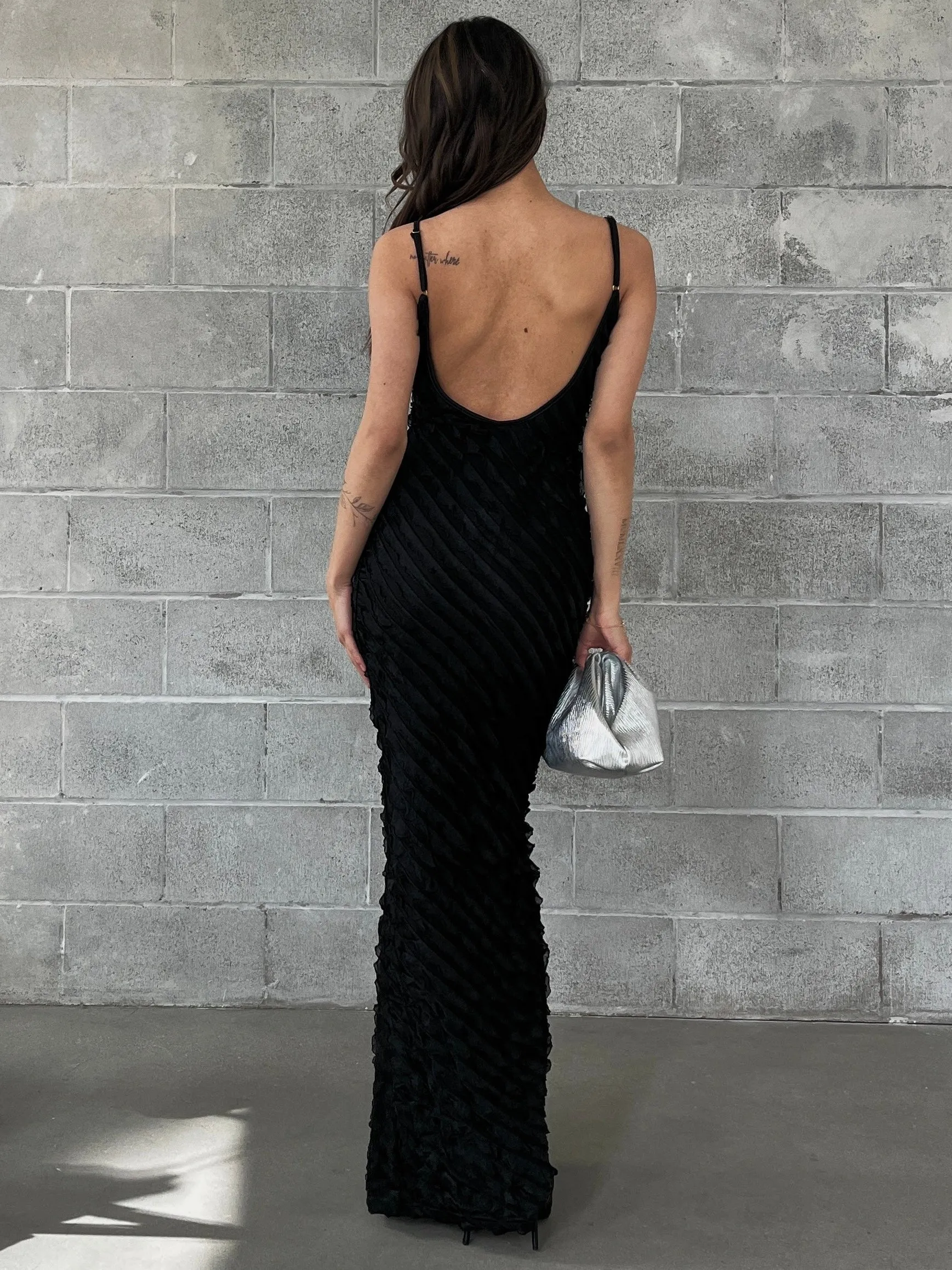 RUNAWAY THE LABEL Opaline Ruffle Low Back Maxi Dress