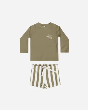 Rylee and Cru Baby Boy Rashguard Swim Set in Olive/Stripe