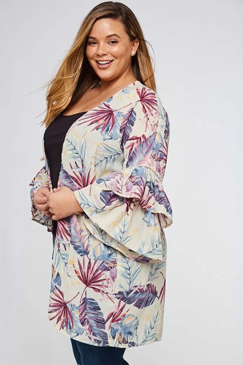 SALE!! OT-H {I'm On Beach Time} Sangria/Navy/Mustard Cardigan With Palm Leaf Design PLUS SIZE 1X 2X 3X