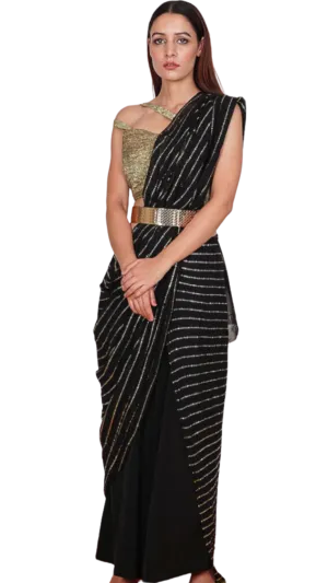 SAMPLE SALE: Black & Gold Pre-Draped Palazzo Pant Sari Set
