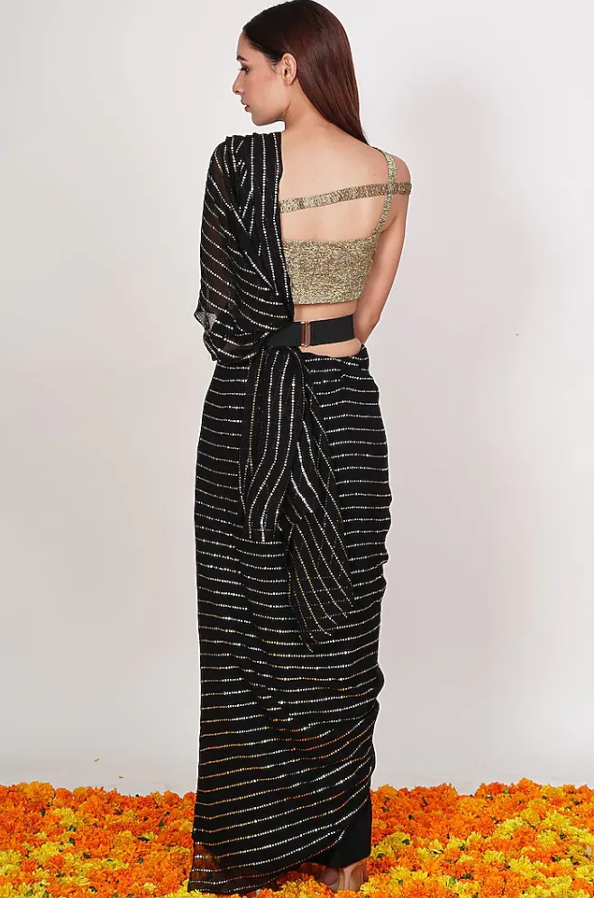 SAMPLE SALE: Black & Gold Pre-Draped Palazzo Pant Sari Set