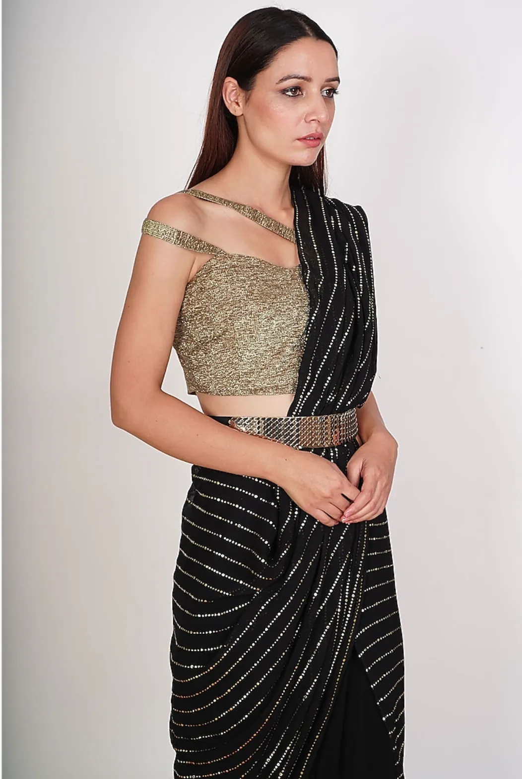 SAMPLE SALE: Black & Gold Pre-Draped Palazzo Pant Sari Set
