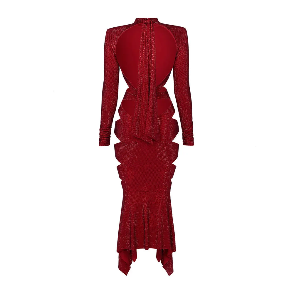 Semi-High Collar Long Sleeve Cut Out Maxi Dress KLYF1082