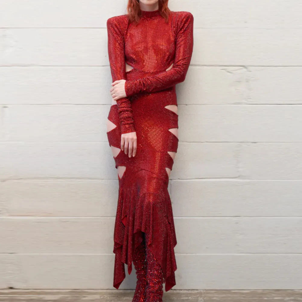 Semi-High Collar Long Sleeve Cut Out Maxi Dress KLYF1082