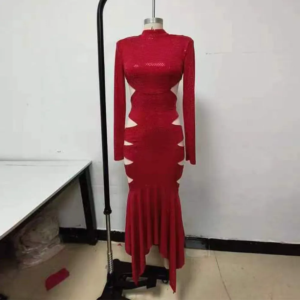 Semi-High Collar Long Sleeve Cut Out Maxi Dress KLYF1082