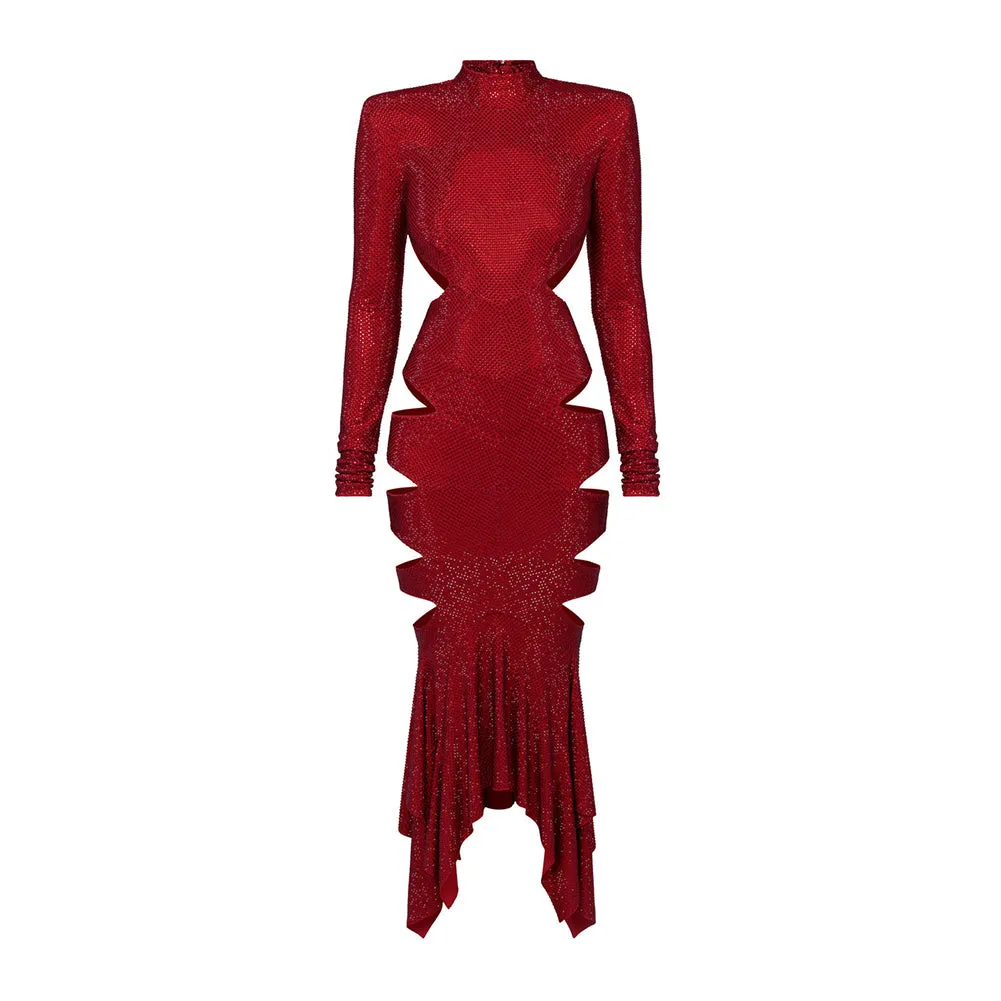 Semi-High Collar Long Sleeve Cut Out Maxi Dress KLYF1082