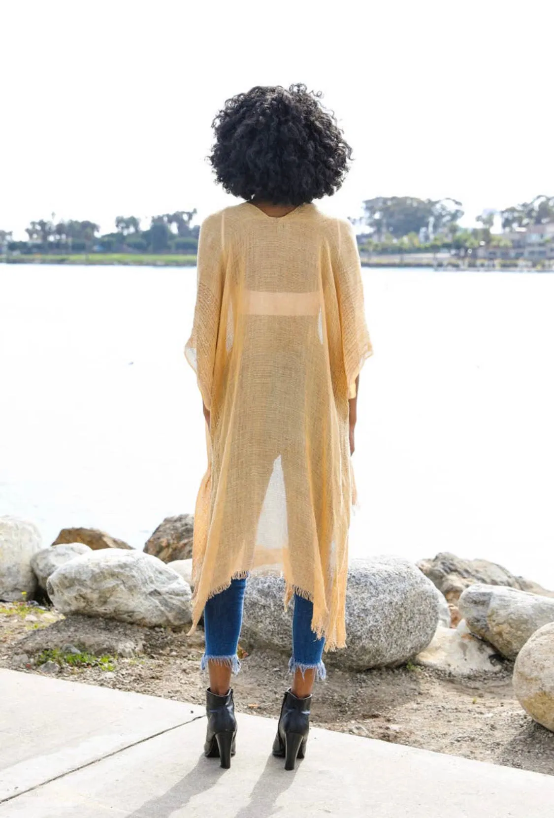 Sequin Border Frayed Trim Kimono - ONE SIZE