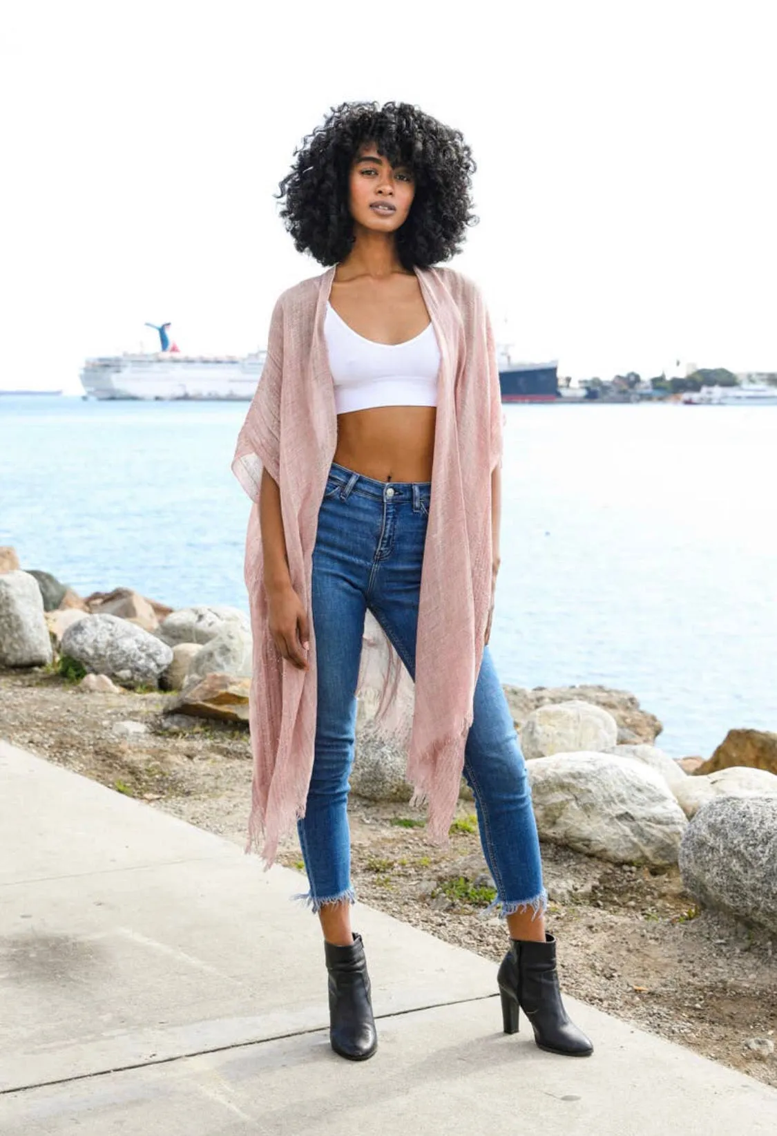 Sequin Border Frayed Trim Kimono - ONE SIZE