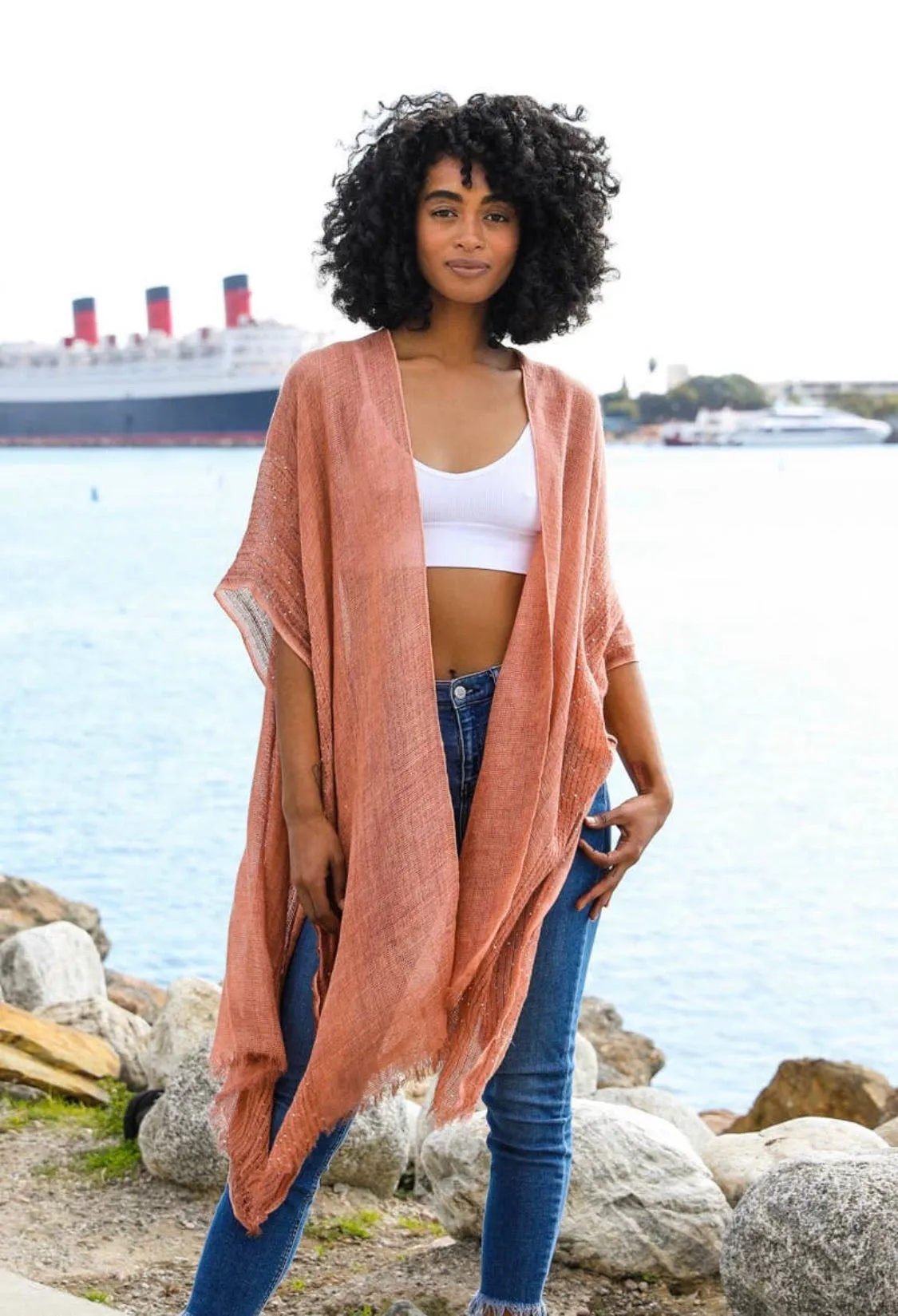 Sequin Border Frayed Trim Kimono - ONE SIZE