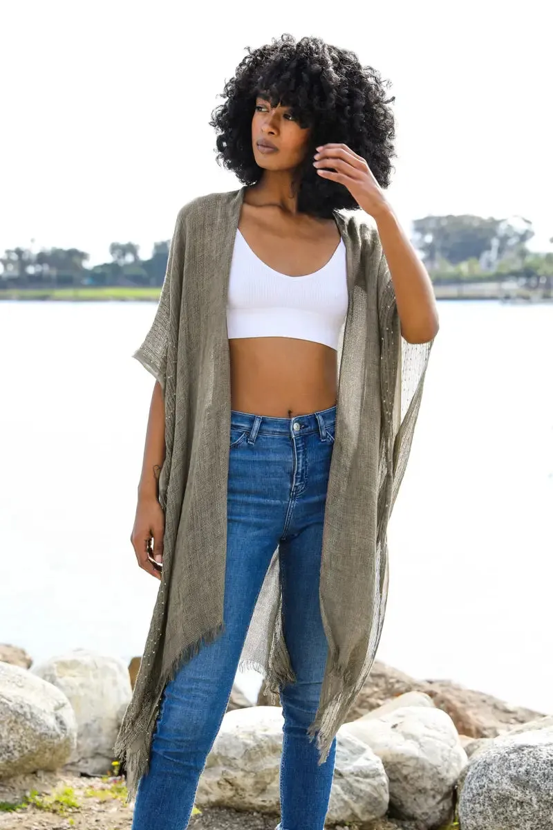 Sequin Border Frayed Trim Kimono - ONE SIZE