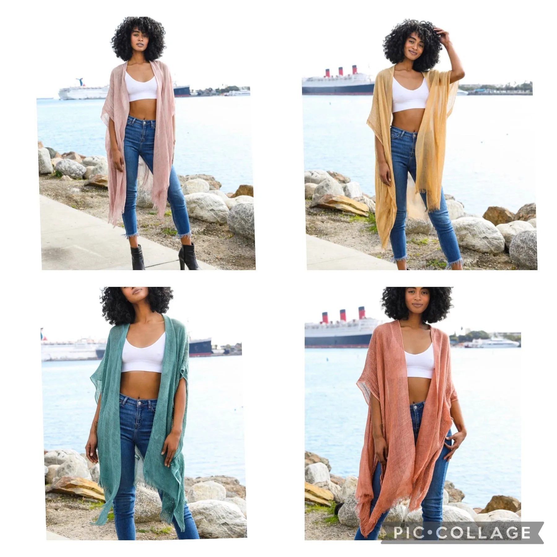 Sequin Border Frayed Trim Kimono - ONE SIZE