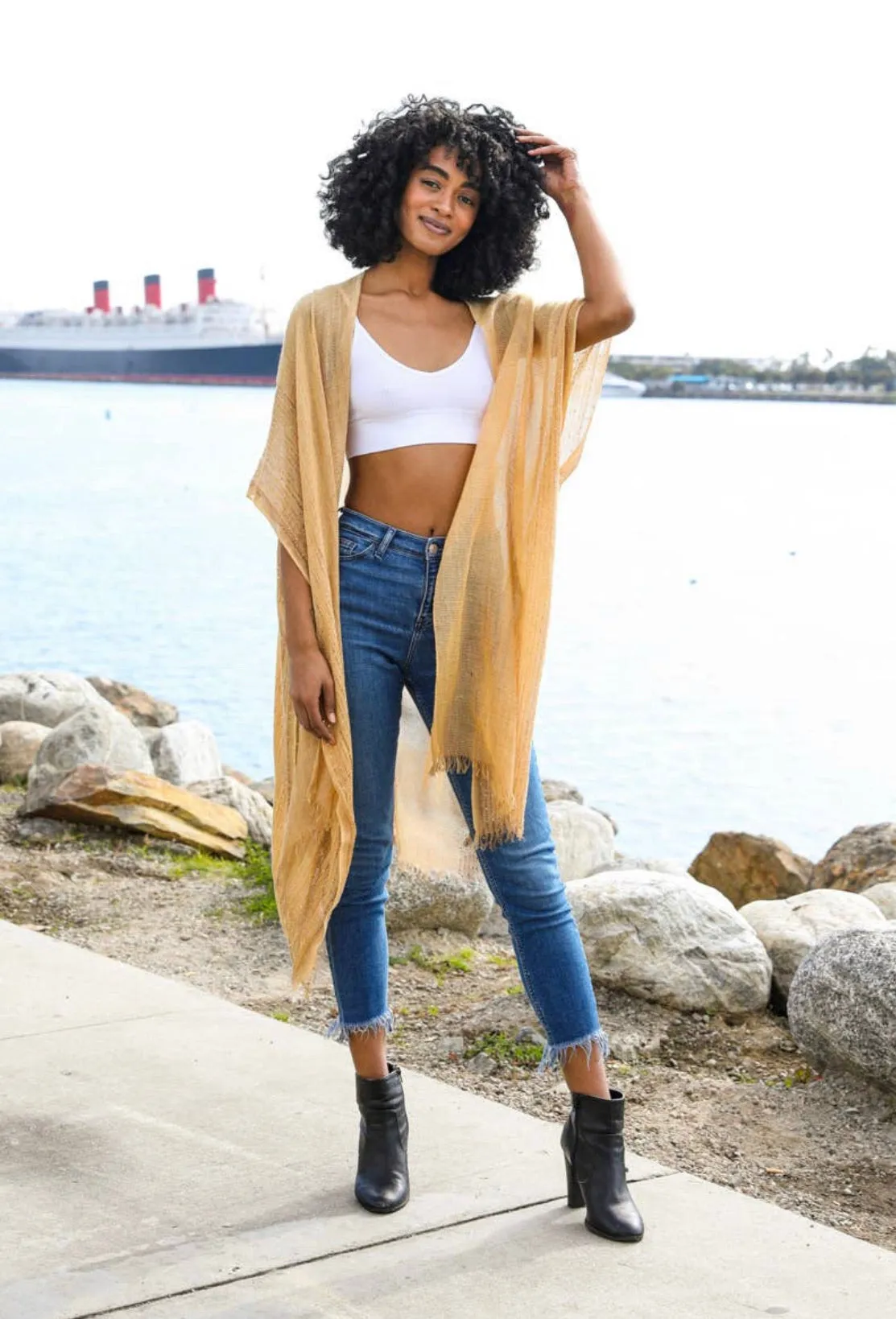Sequin Border Frayed Trim Kimono - ONE SIZE