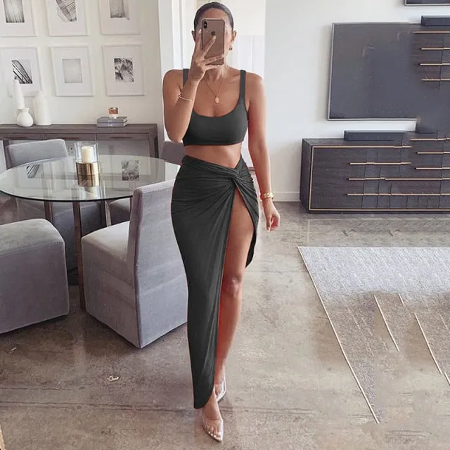 Sexy Crop Top Twist Side Split Long Skirts Matching Set Two Piece Outfit