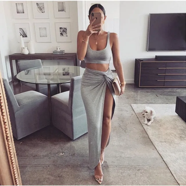 Sexy Crop Top Twist Side Split Long Skirts Matching Set Two Piece Outfit