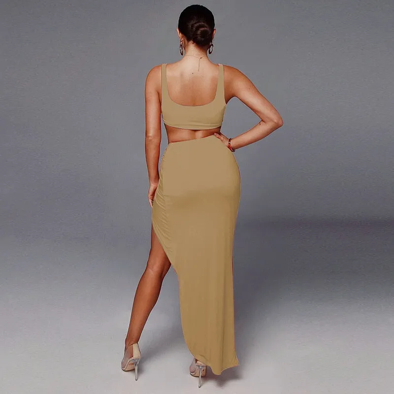 Sexy Crop Top Twist Side Split Long Skirts Matching Set Two Piece Outfit