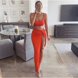 Sexy Crop Top Twist Side Split Long Skirts Matching Set Two Piece Outfit