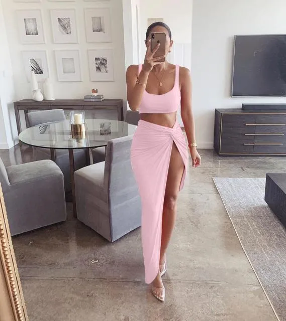 Sexy Crop Top Twist Side Split Long Skirts Matching Set Two Piece Outfit
