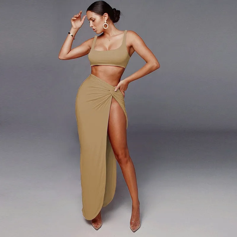 Sexy Crop Top Twist Side Split Long Skirts Matching Set Two Piece Outfit