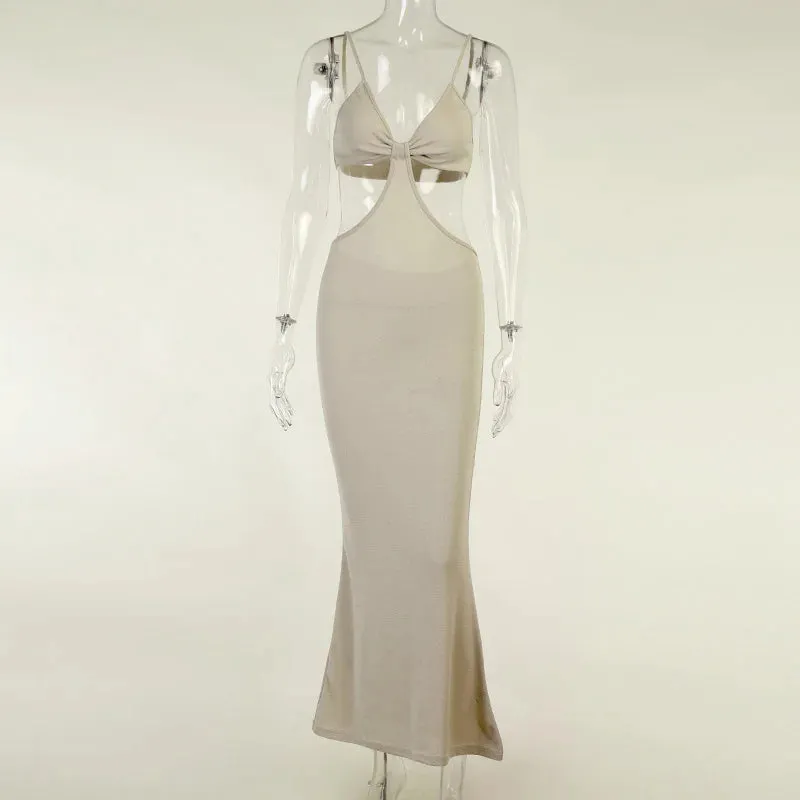 Sexy Summer Hollow Out Maxi Dress Backless Condole Belt Elegant And Chic Dress Pure Color Sleeveless Long Dress