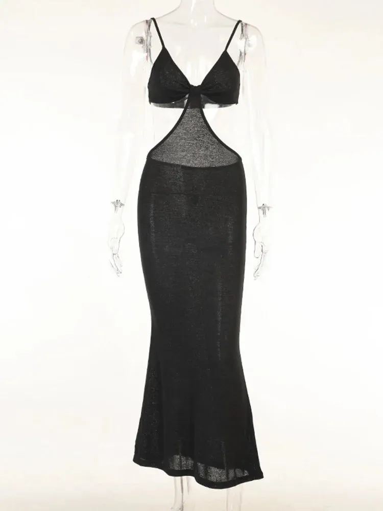 Sexy Summer Hollow Out Maxi Dress Backless Condole Belt Elegant And Chic Dress Pure Color Sleeveless Long Dress