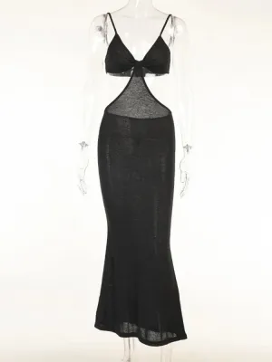 Sexy Summer Hollow Out Maxi Dress Backless Condole Belt Elegant And Chic Dress Pure Color Sleeveless Long Dress