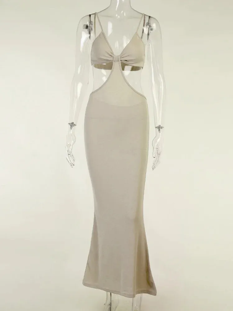 Sexy Summer Hollow Out Maxi Dress Backless Condole Belt Elegant And Chic Dress Pure Color Sleeveless Long Dress