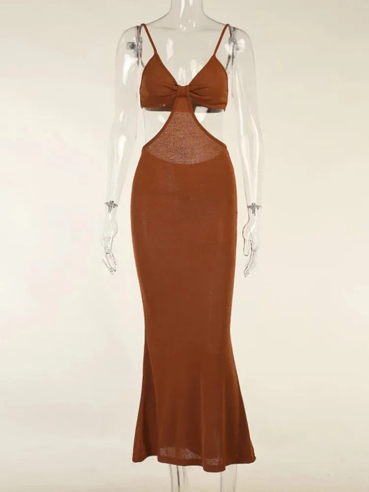 Sexy Summer Hollow Out Maxi Dress Backless Condole Belt Elegant And Chic Dress Pure Color Sleeveless Long Dress