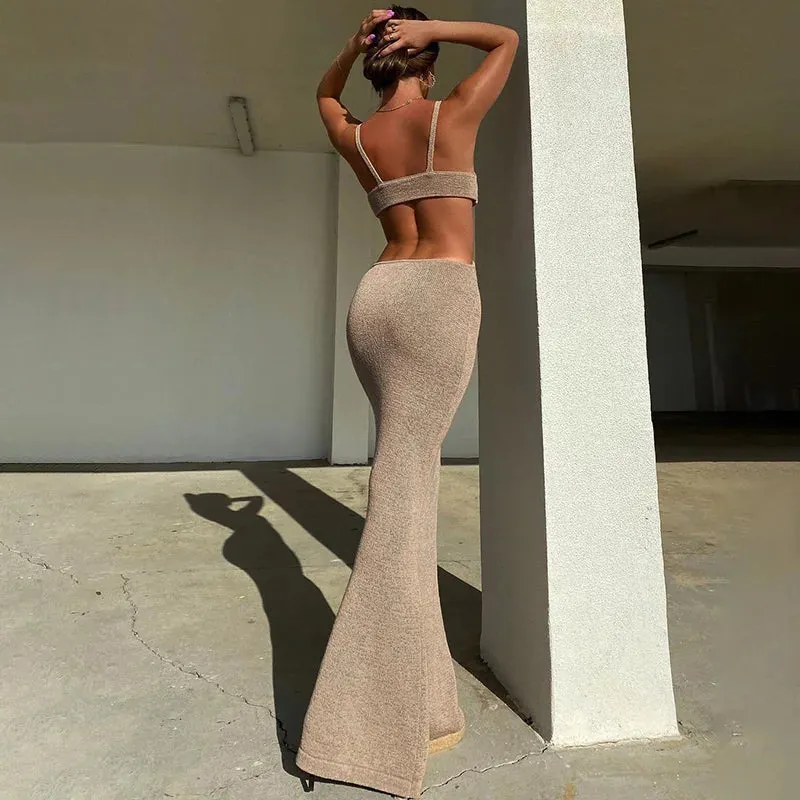 Sexy Summer Hollow Out Maxi Dress Backless Condole Belt Elegant And Chic Dress Pure Color Sleeveless Long Dress